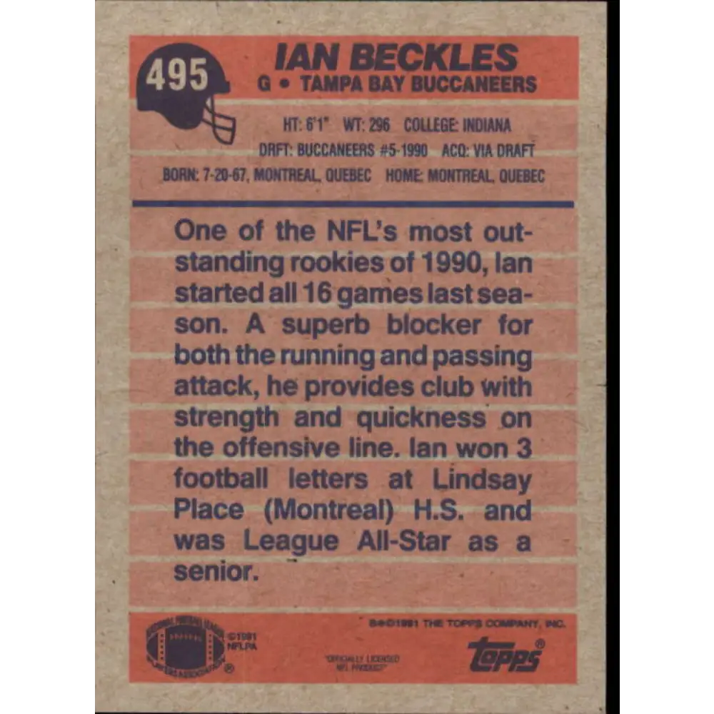 1991 Topps #495 Ian Beckles NM-MT Tampa Bay Buccaneers Football Card  Image 2
