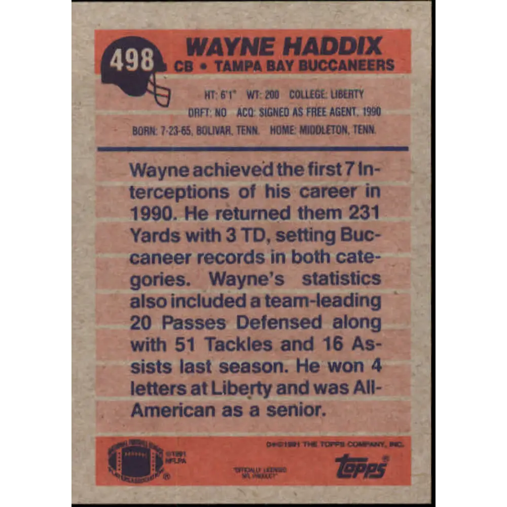 1991 Topps #498 Wayne Haddix NM-MT Tampa Bay Buccaneers Football Card  Image 2