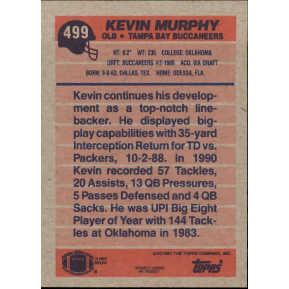 1991 Topps #499 Kevin Murphy NM-MT Tampa Bay Buccaneers Football Card  Image 2