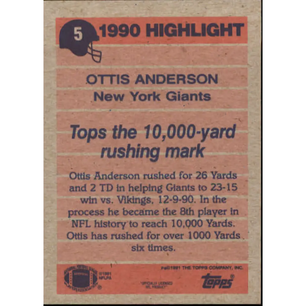 1991 Topps #5 Ottis Anderson NM-MT New York Giants Football Card  Image 2