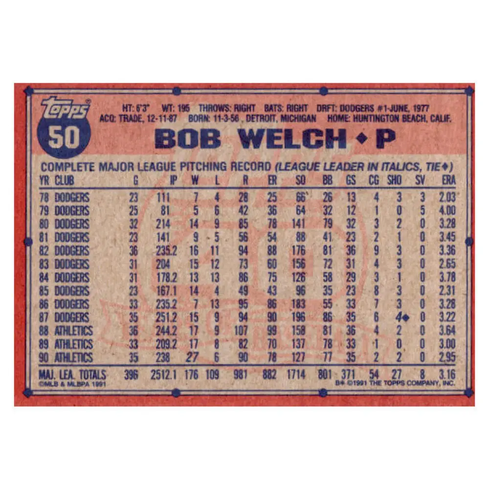 1991 Topps #50 Bob Welch NM-MT Oakland Athletics Baseball Card  Image 2