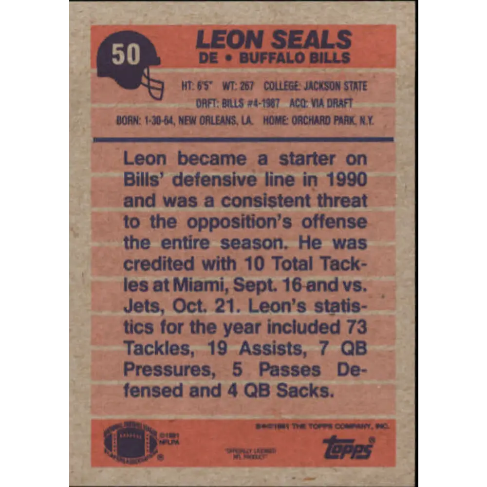 1991 Topps #50 Leon Seals NM-MT Buffalo Bills Football Card  Image 2
