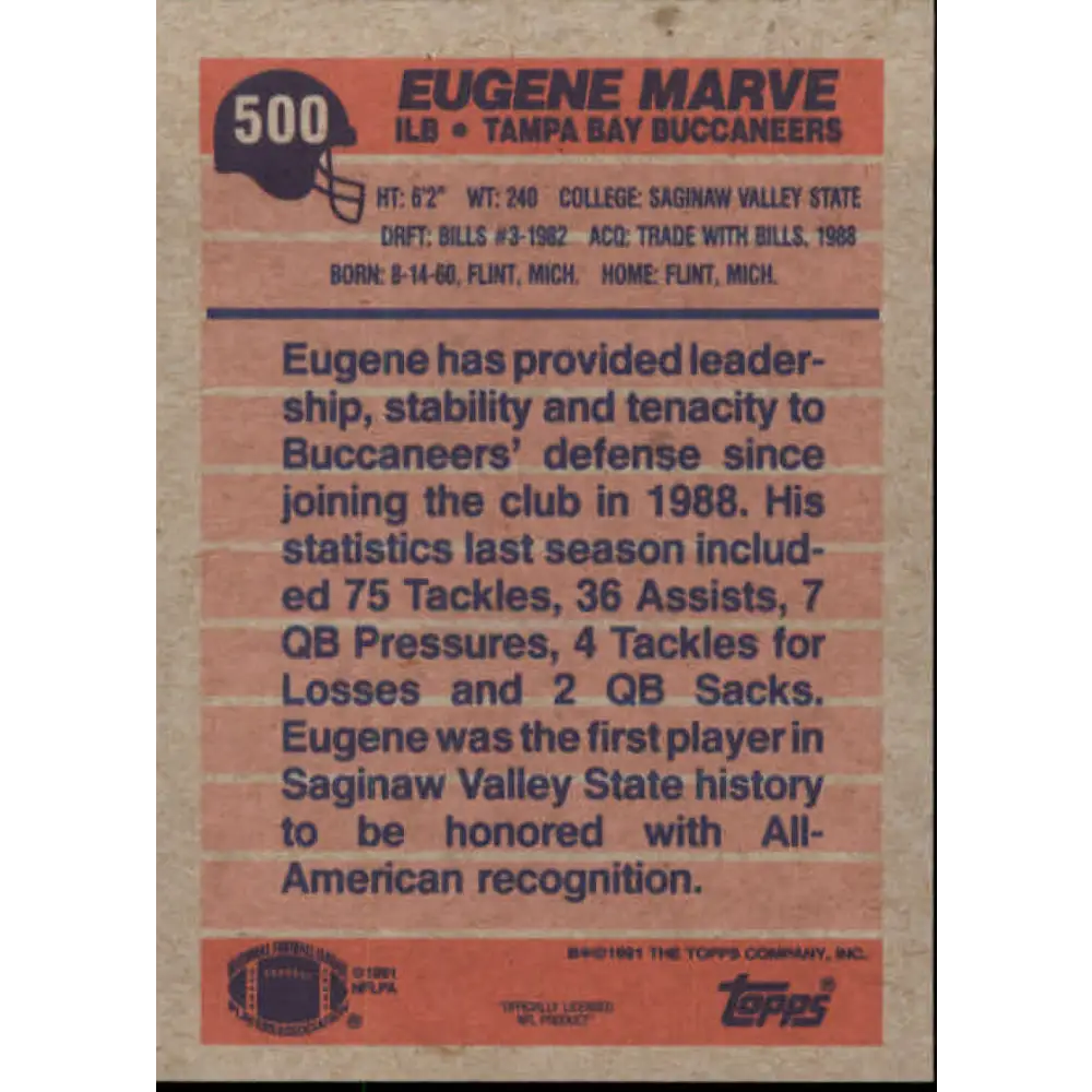 1991 Topps #500 Eugene Marve NM-MT Tampa Bay Buccaneers Football Card  Image 2