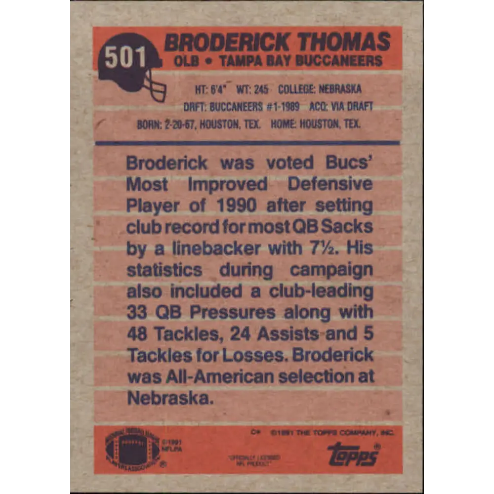1991 Topps #501 Broderick Thomas NM-MT Tampa Bay Buccaneers Football Card  Image 2