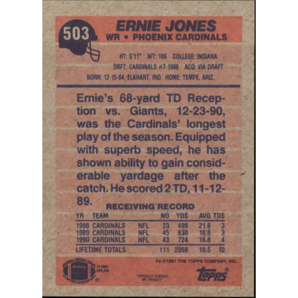 1991 Topps #503 Ernie Jones NM-MT Phoenix Cardinals Football Card  Image 2