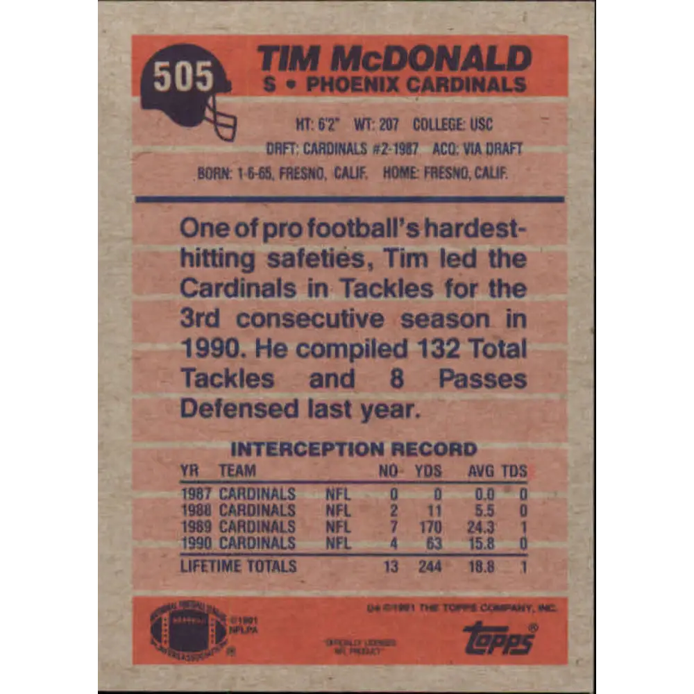 1991 Topps #505 Tim McDonald NM-MT Phoenix Cardinals Football Card  Image 2