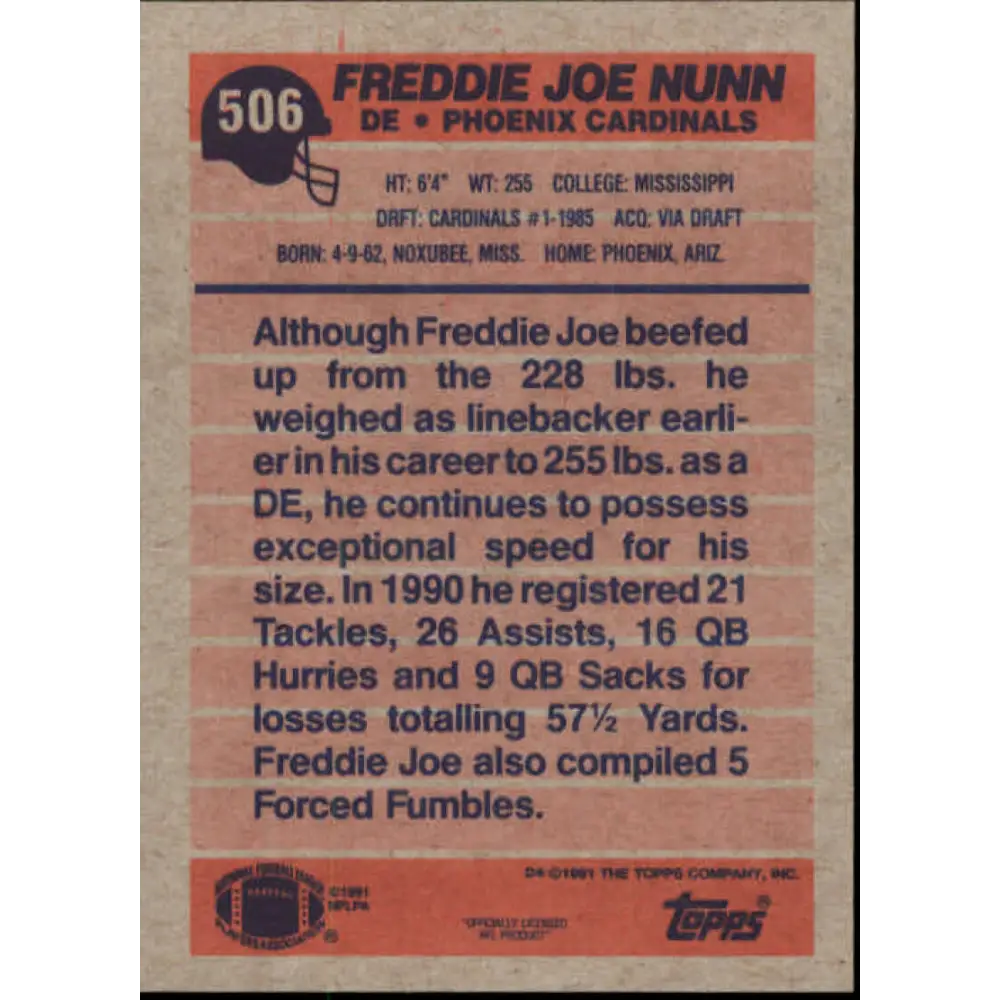 1991 Topps #506 Freddie Joe Nunn NM-MT Phoenix Cardinals Football Card  Image 2