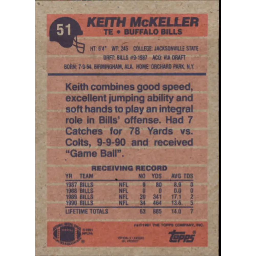 1991 Topps #51 Keith McKeller NM-MT Buffalo Bills Football Card  Image 2