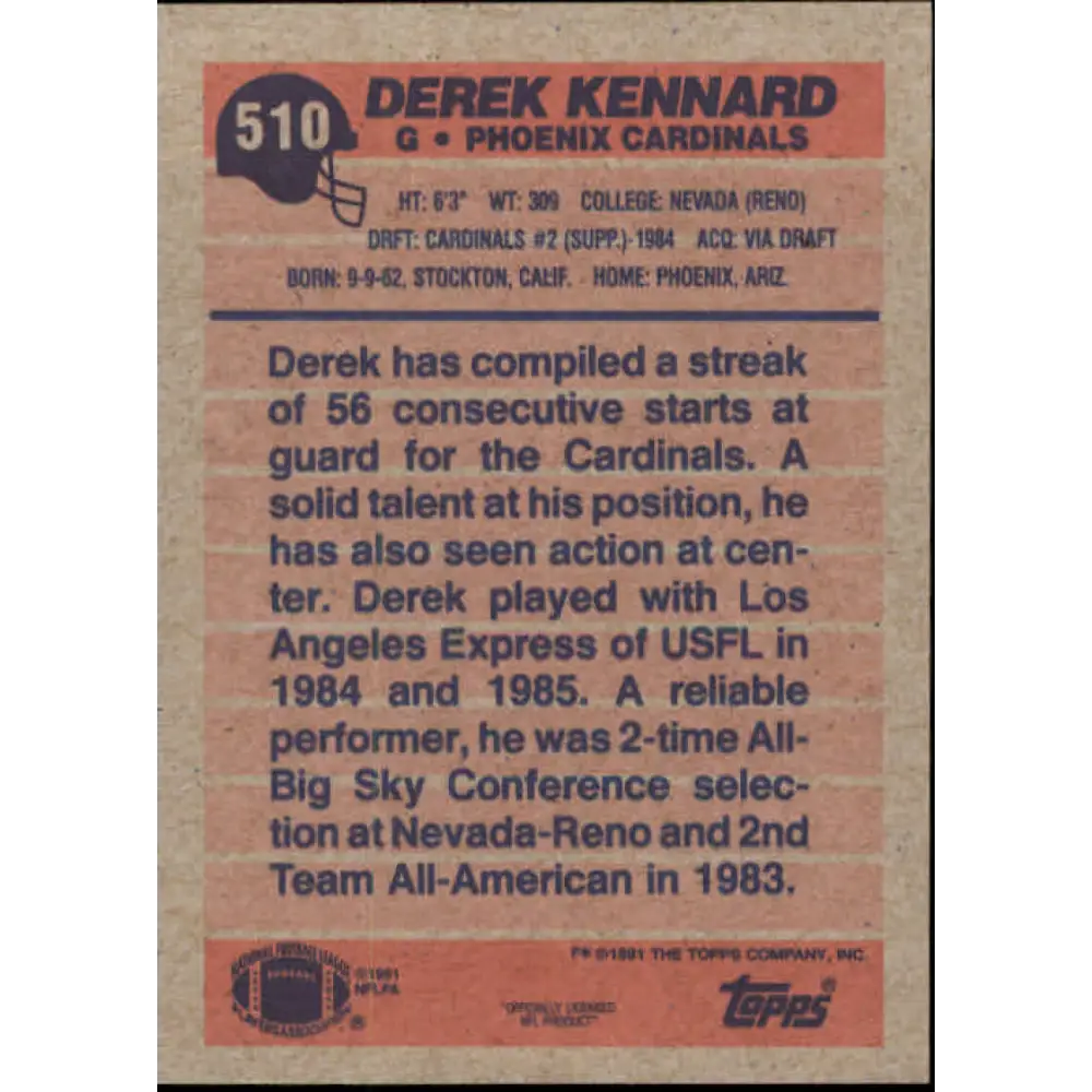 1991 Topps #510 Derek Kennard NM-MT Phoenix Cardinals Football Card  Image 2