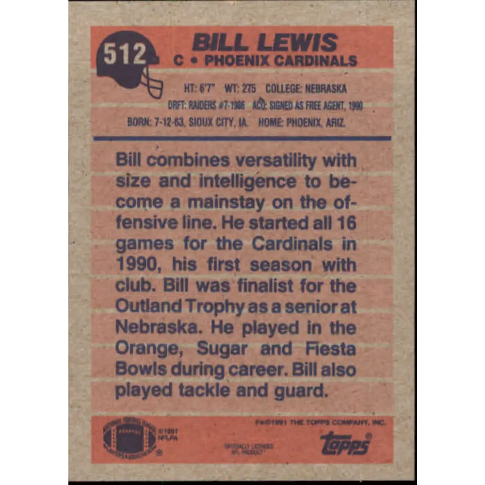 1991 Topps #512 Bill Lewis NM-MT Phoenix Cardinals Football Card  Image 2