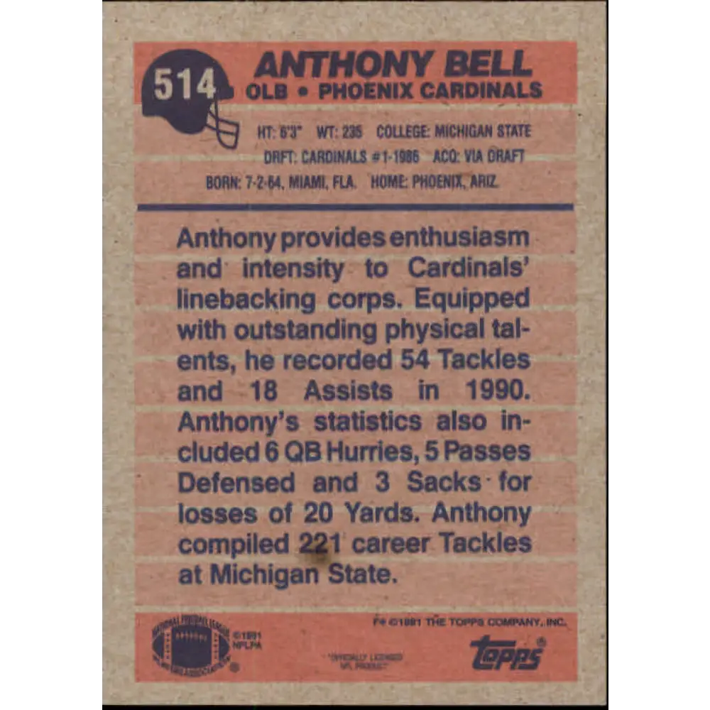 1991 Topps #514 Anthony Bell NM-MT Phoenix Cardinals Football Card  Image 2