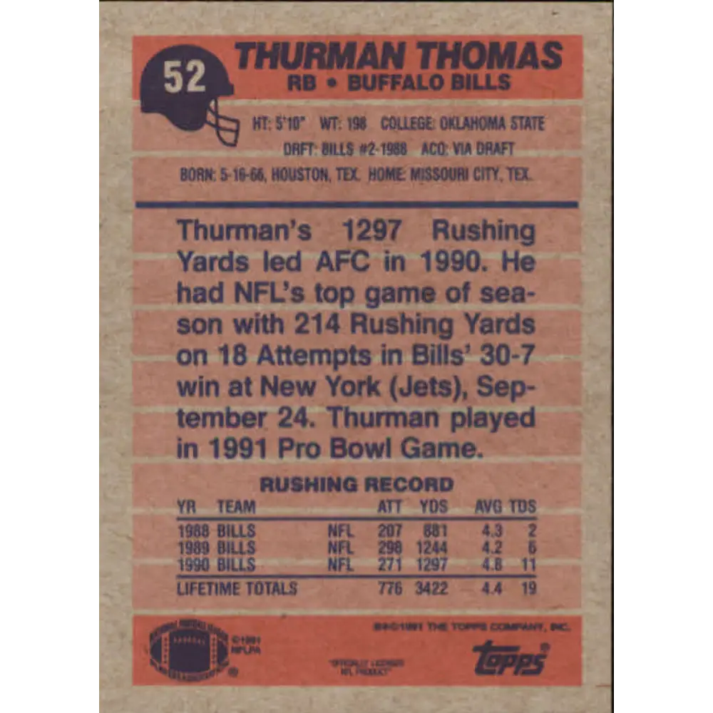 1991 Topps #52 Thurman Thomas NM-MT Buffalo Bills Football Card  Image 2