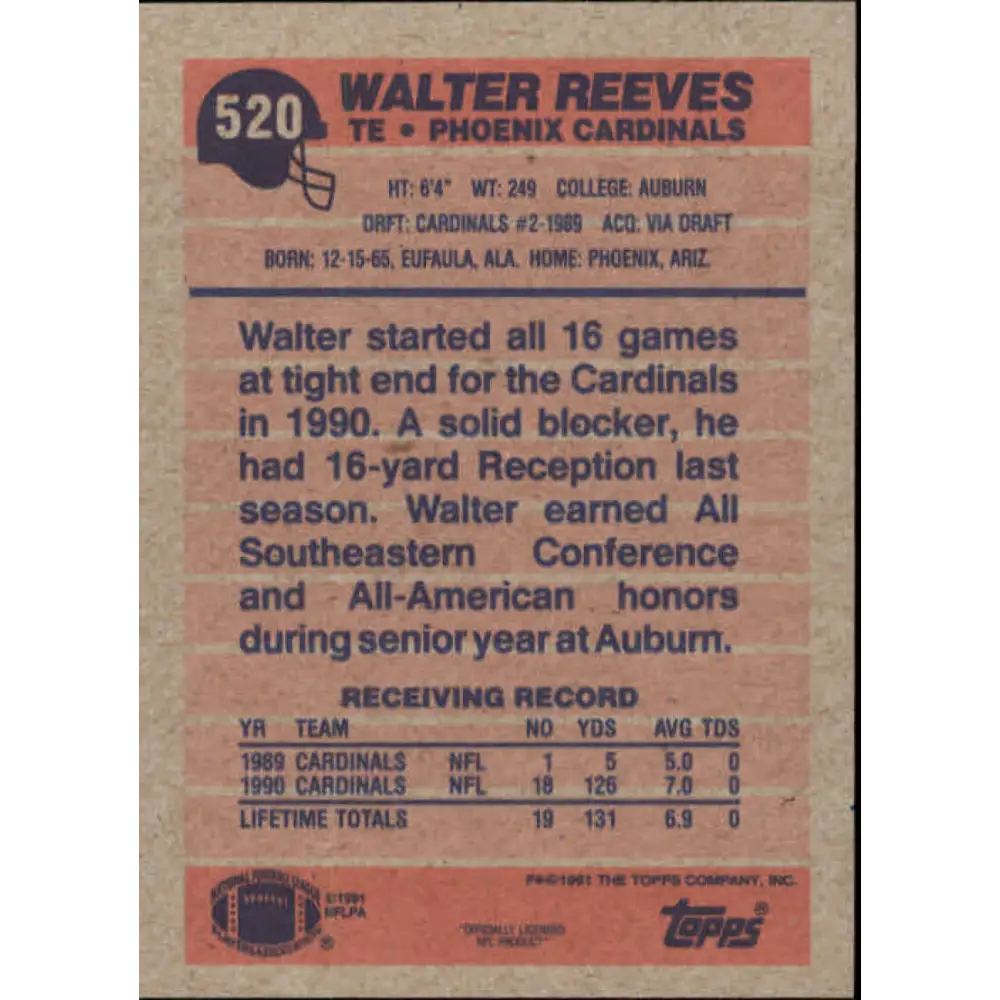1991 Topps #520 Walter Reeves NM-MT Phoenix Cardinals Football Card  Image 2
