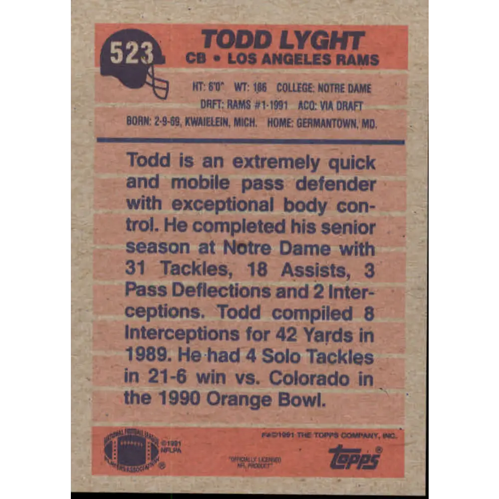 1991 Topps #523 Todd Lyght NM-MT RC Rookie Los Angeles Rams Football Card  Image 2