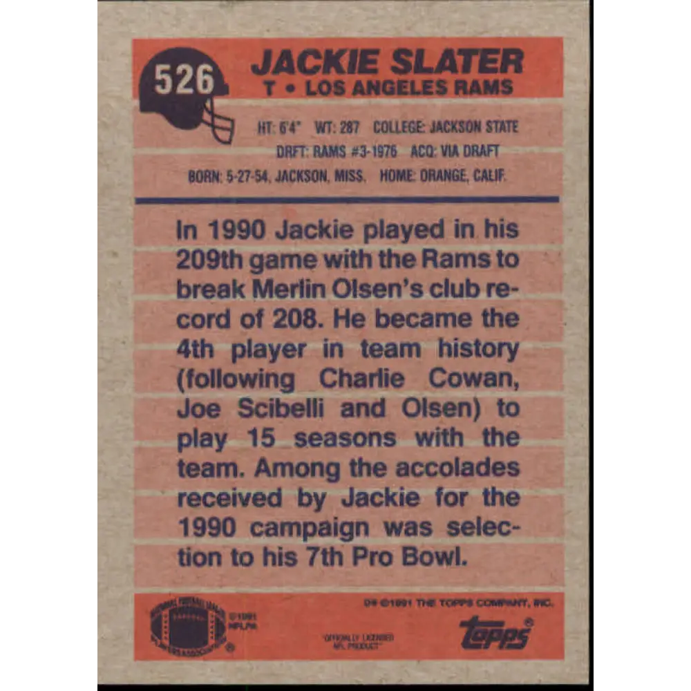 1991 Topps #526 Jackie Slater NM-MT Los Angeles Rams Football Card  Image 2