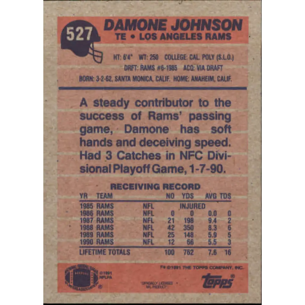 1991 Topps #527 Damone Johnson NM-MT RC Rookie Los Angeles Rams Football Card  Image 2