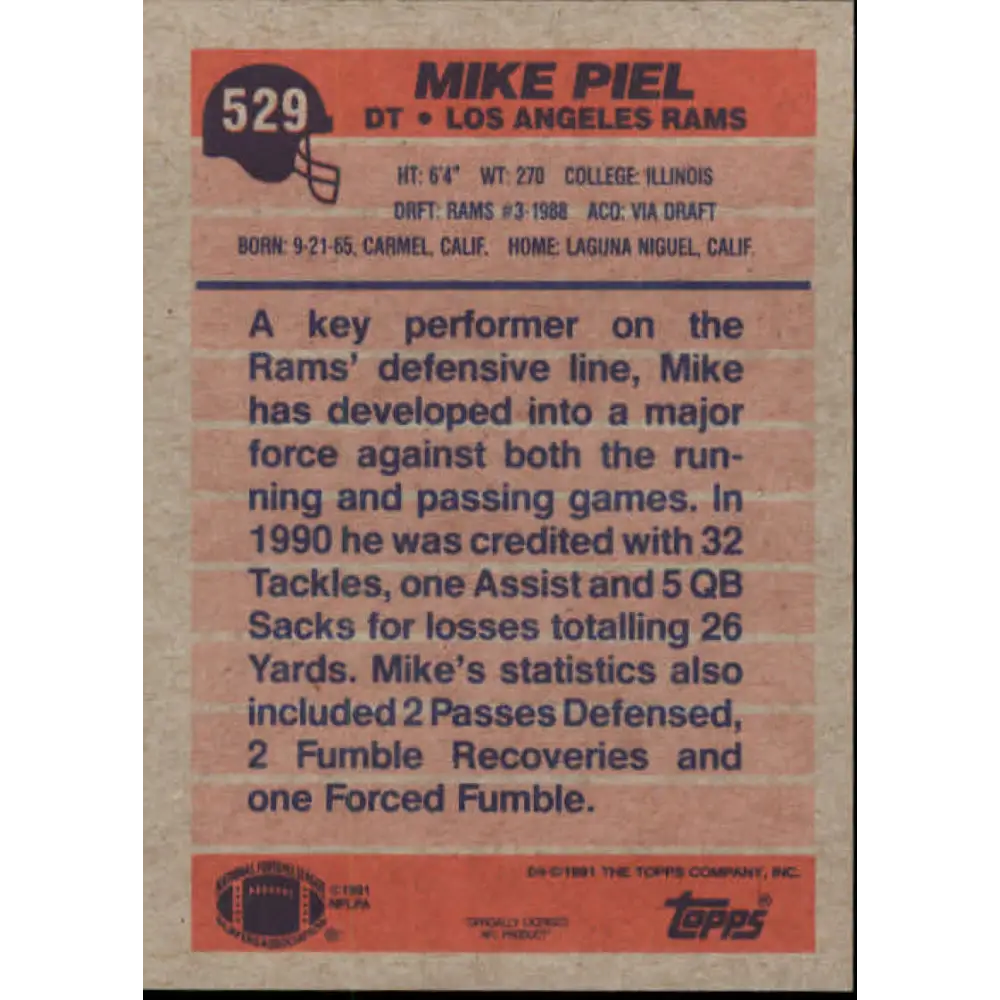 1991 Topps #529 Mike Piel NM-MT Los Angeles Rams Football Card  Image 2