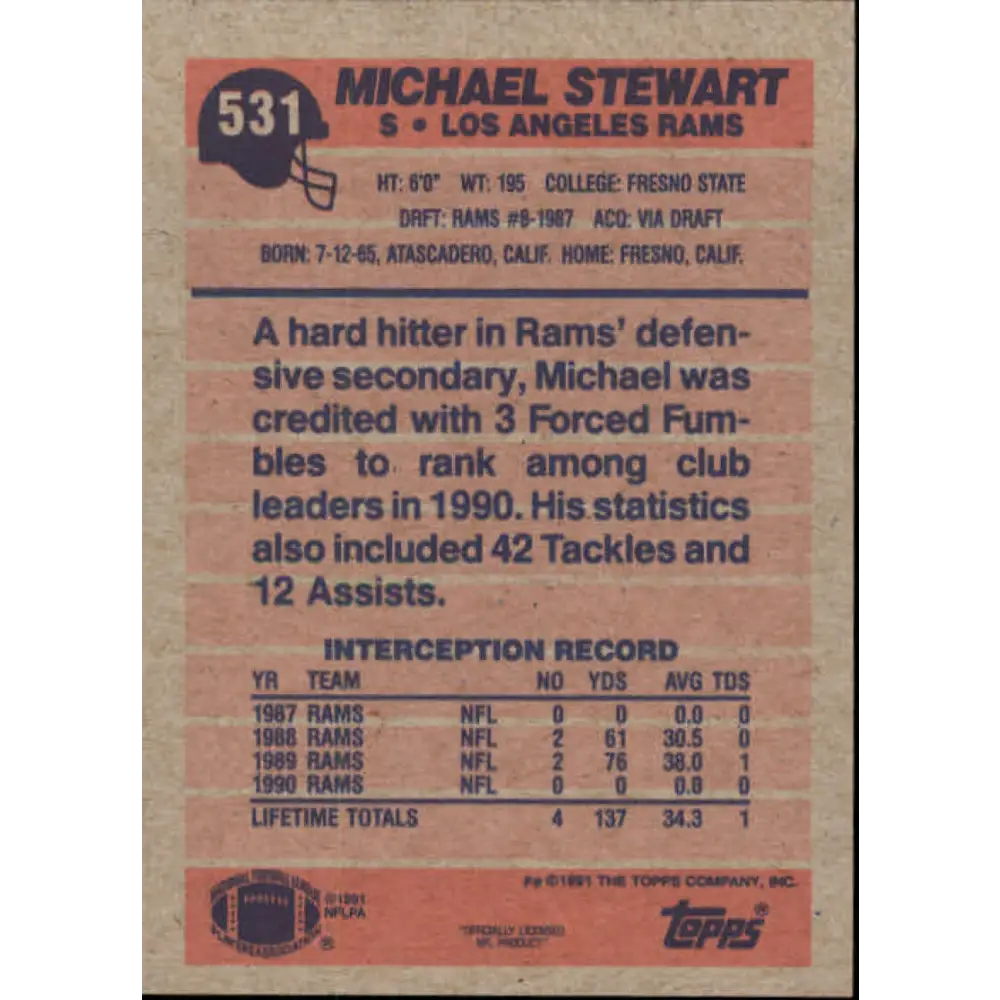1991 Topps #531 Michael Stewart NM-MT Los Angeles Rams Football Card  Image 2