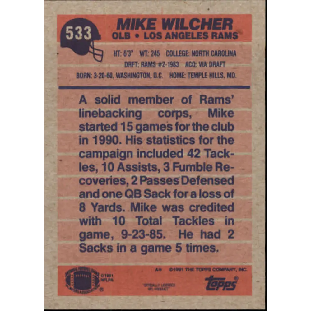 1991 Topps #533 Mike Wilcher NM-MT Los Angeles Rams Football Card  Image 2