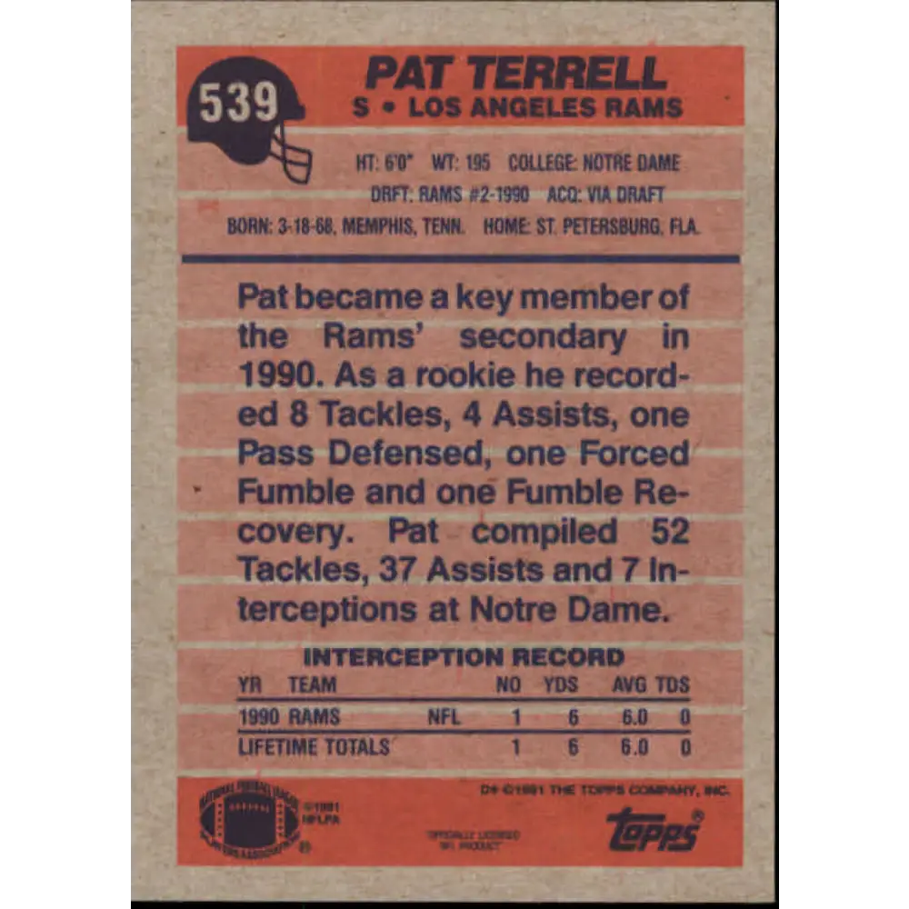 1991 Topps #539 Pat Terrell NM-MT Los Angeles Rams Football Card  Image 2