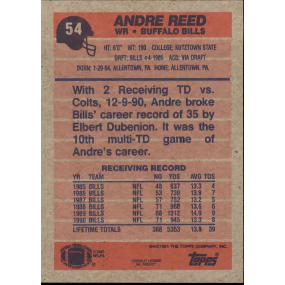 1991 Topps #54 Andre Reed NM-MT Buffalo Bills Football Card  Image 2