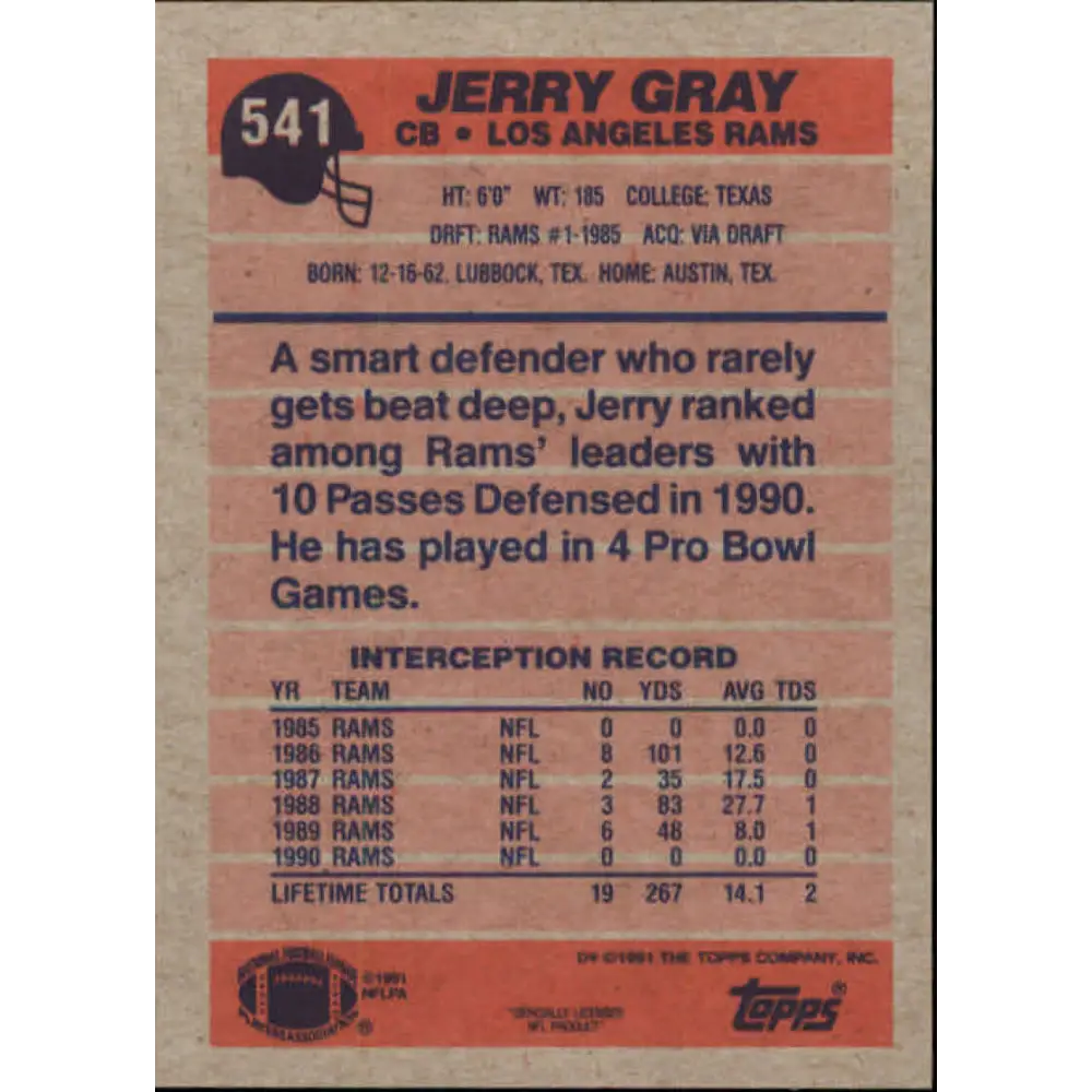 1991 Topps #541 Jerry Gray NM-MT Los Angeles Rams Football Card  Image 2