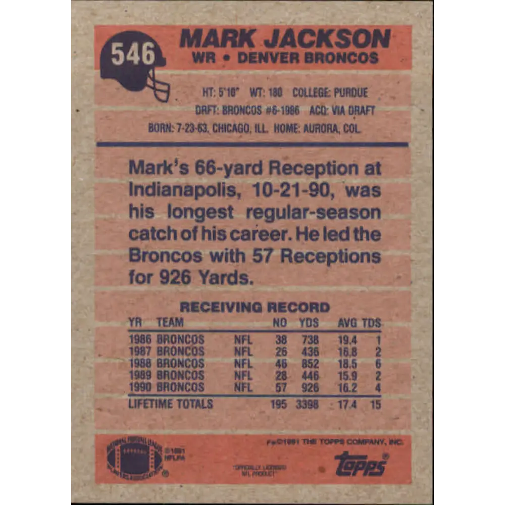 1991 Topps #546 Mark Jackson NM-MT Denver Broncos Football Card  Image 2