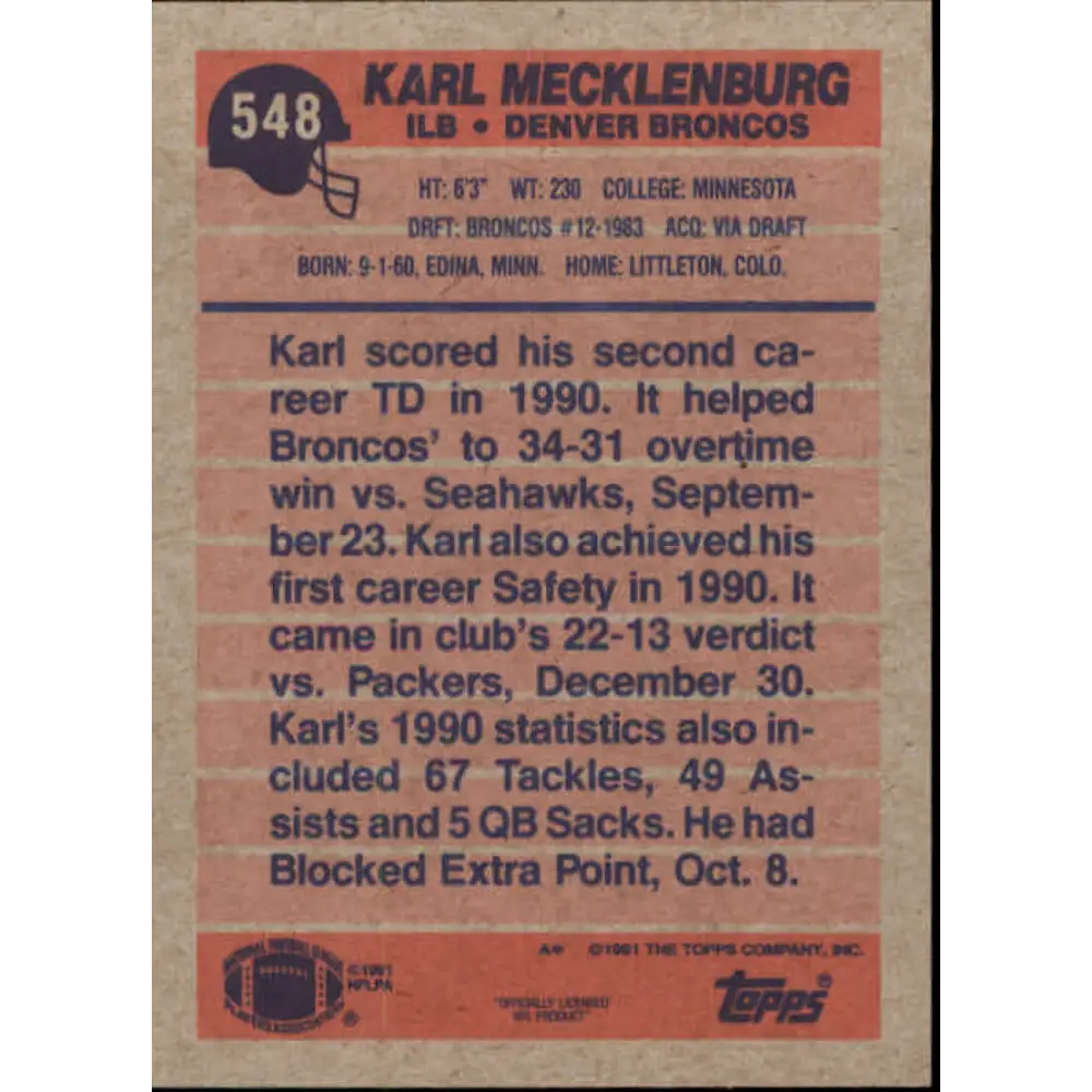 1991 Topps #548 Karl Mecklenburg NM-MT Denver Broncos Football Card  Image 2