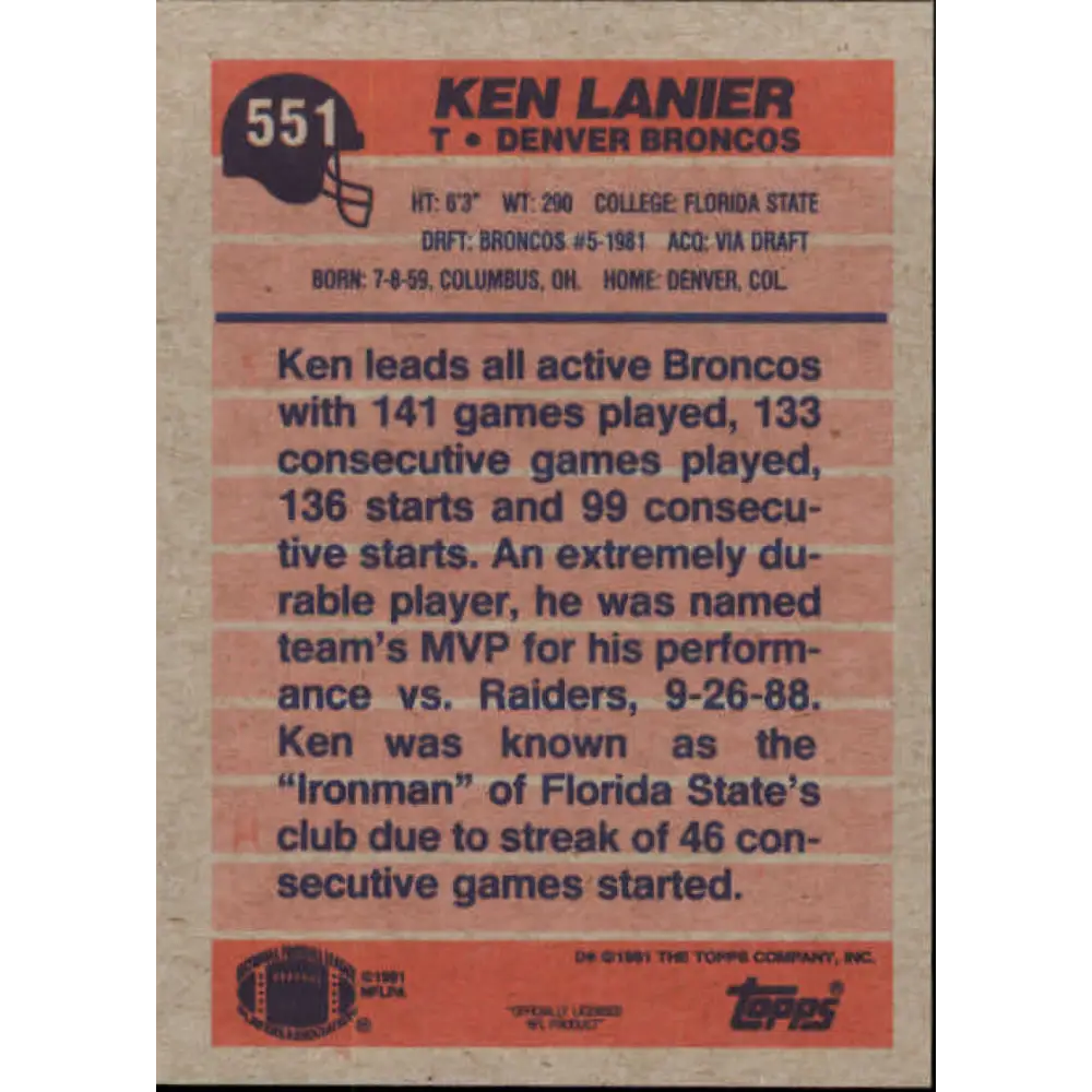1991 Topps #551 Ken Lanier NM-MT Denver Broncos Football Card  Image 2