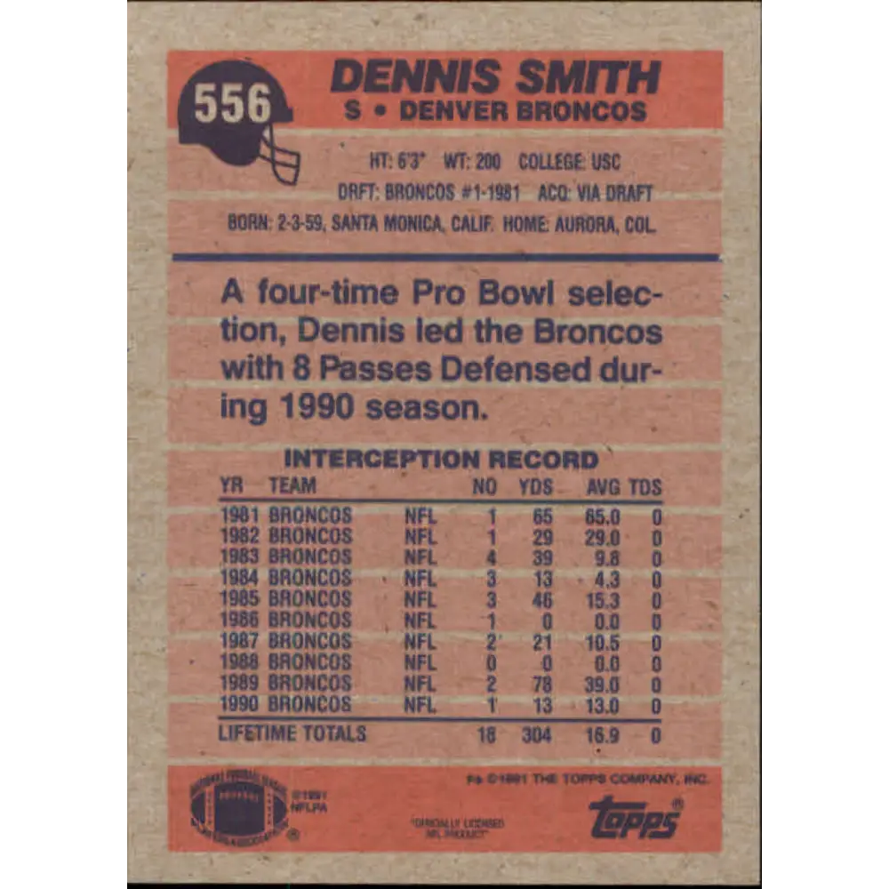 1991 Topps #556 Dennis Smith NM-MT Denver Broncos Football Card  Image 2
