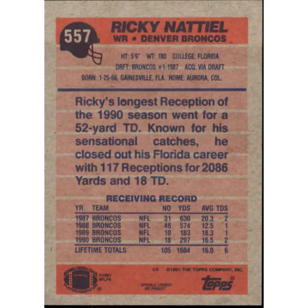 1991 Topps #557 Ricky Nattiel NM-MT Denver Broncos Football Card  Image 2