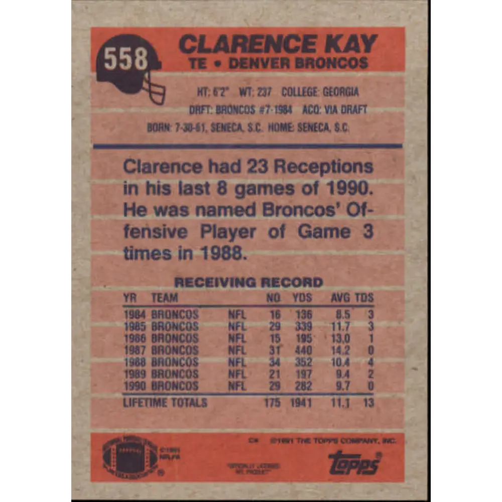 1991 Topps #558 Clarence Kay NM-MT Denver Broncos Football Card  Image 2