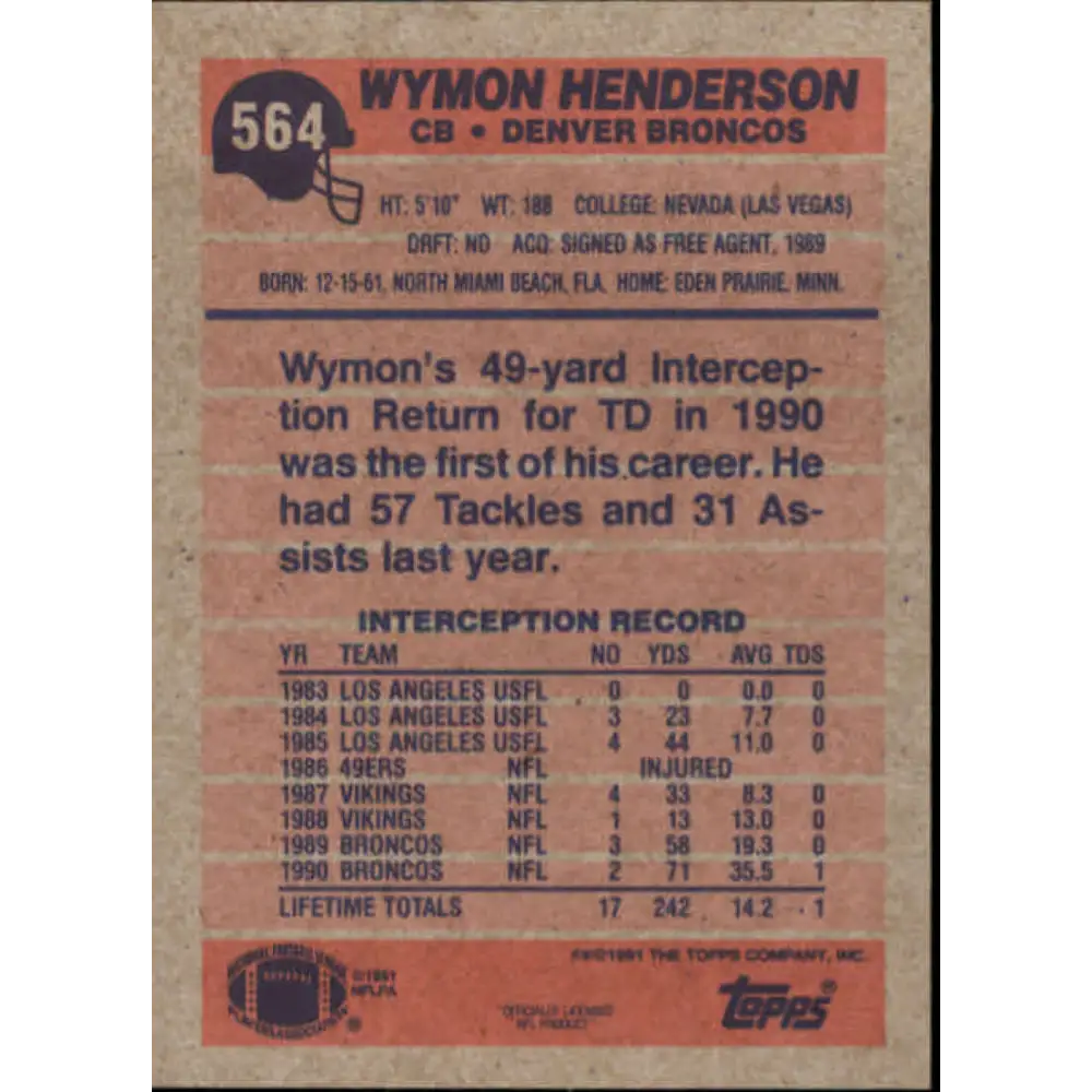 1991 Topps #564 Wymon Henderson NM-MT Denver Broncos Football Card  Image 2