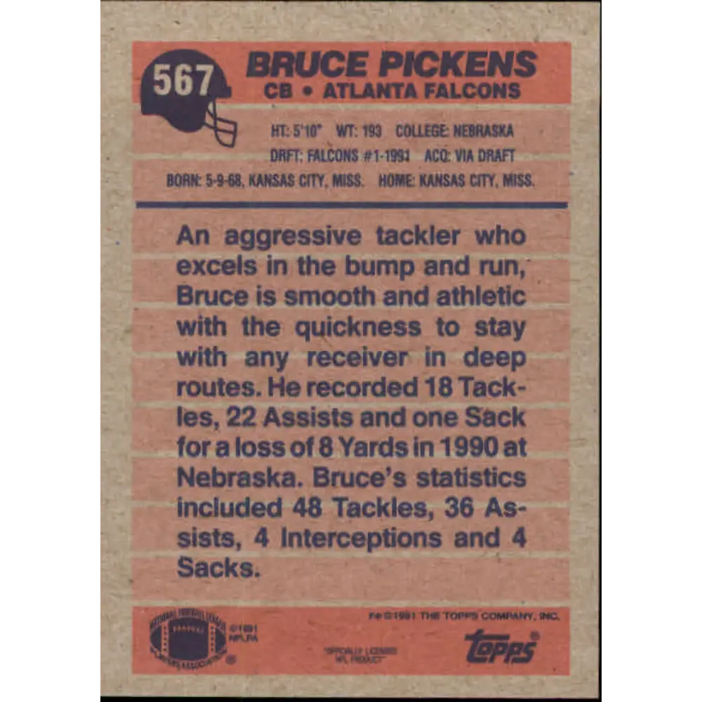 1991 Topps #567 Bruce Pickens NM-MT RC Rookie Atlanta Falcons Football Card  Image 2