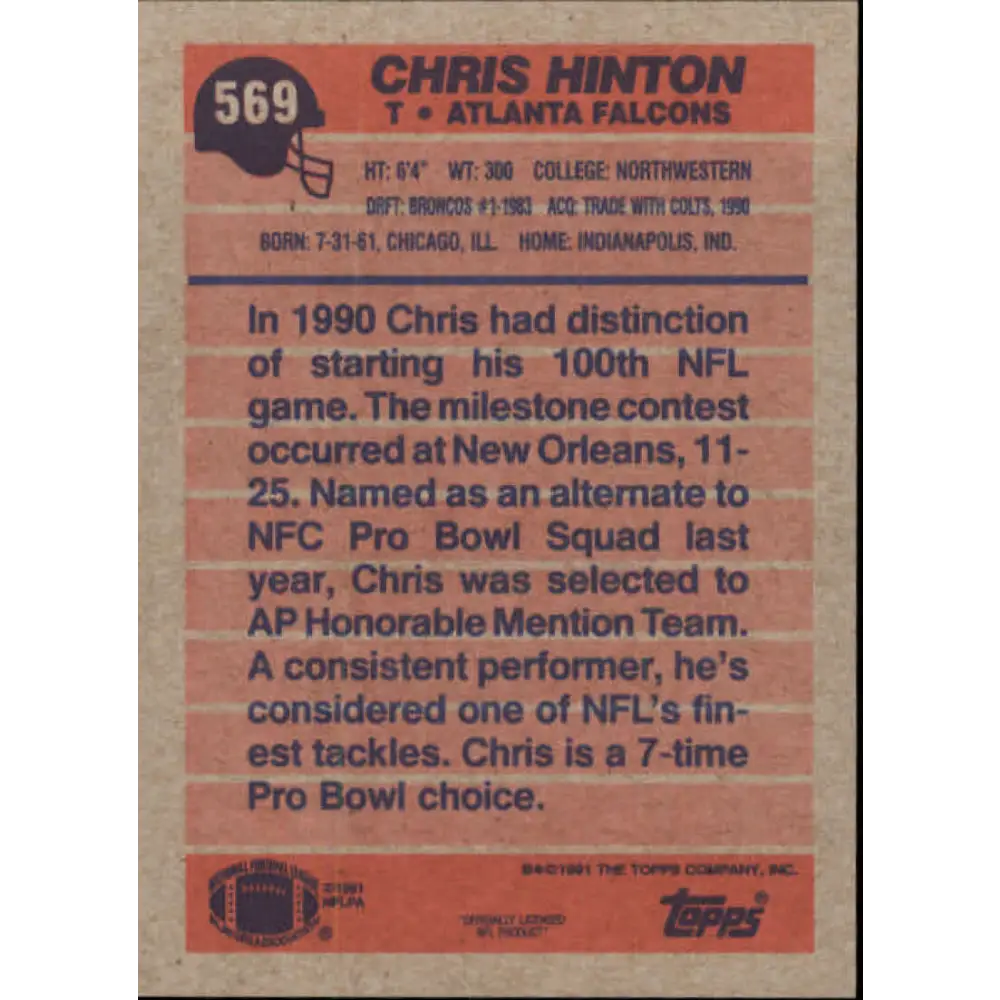 1991 Topps #569 Chris Hinton NM-MT Atlanta Falcons Football Card  Image 2