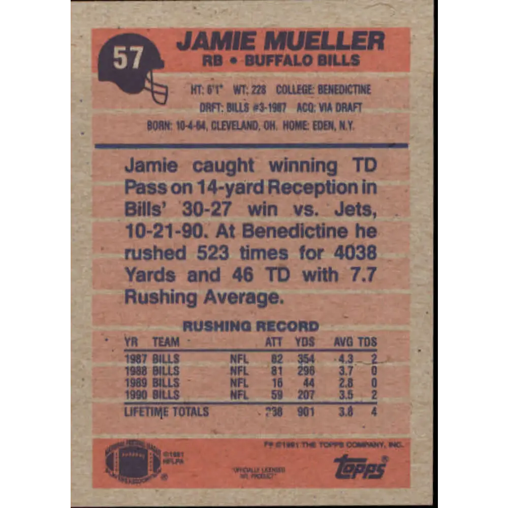 1991 Topps #57 Jamie Mueller NM-MT Buffalo Bills Football Card  Image 2
