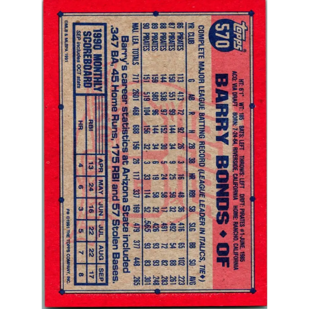 1991 Topps #570 Barry Bonds NM-MT Pittsburgh Pirates Baseball Card  Image 2