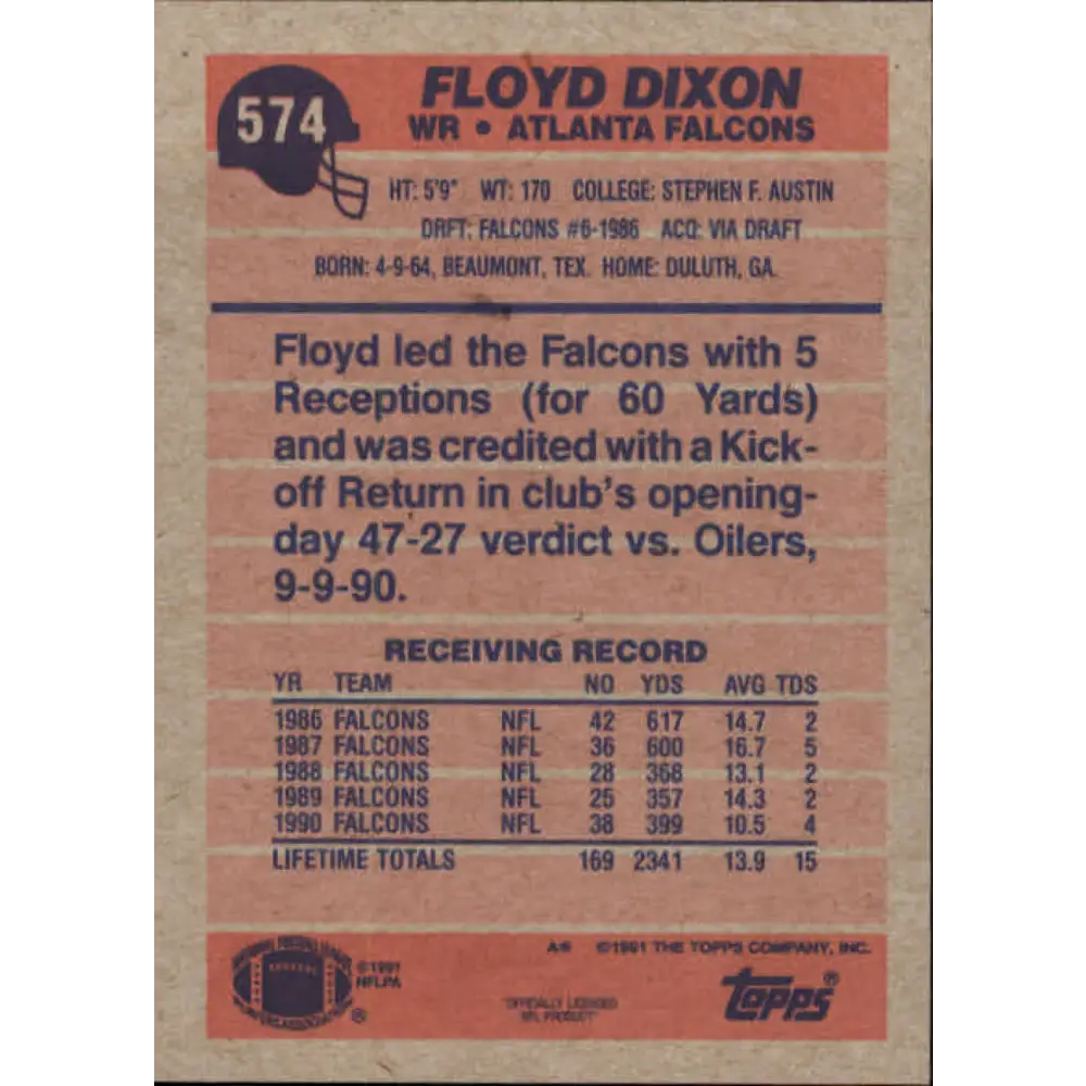 1991 Topps #574 Floyd Dixon NM-MT Atlanta Falcons Football Card  Image 2