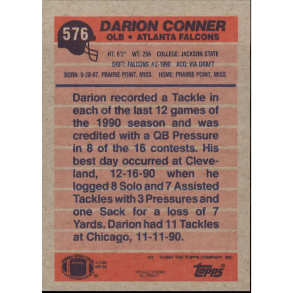 1991 Topps #576 Darion Conner NM-MT RC Rookie Atlanta Falcons Football Card  Image 2