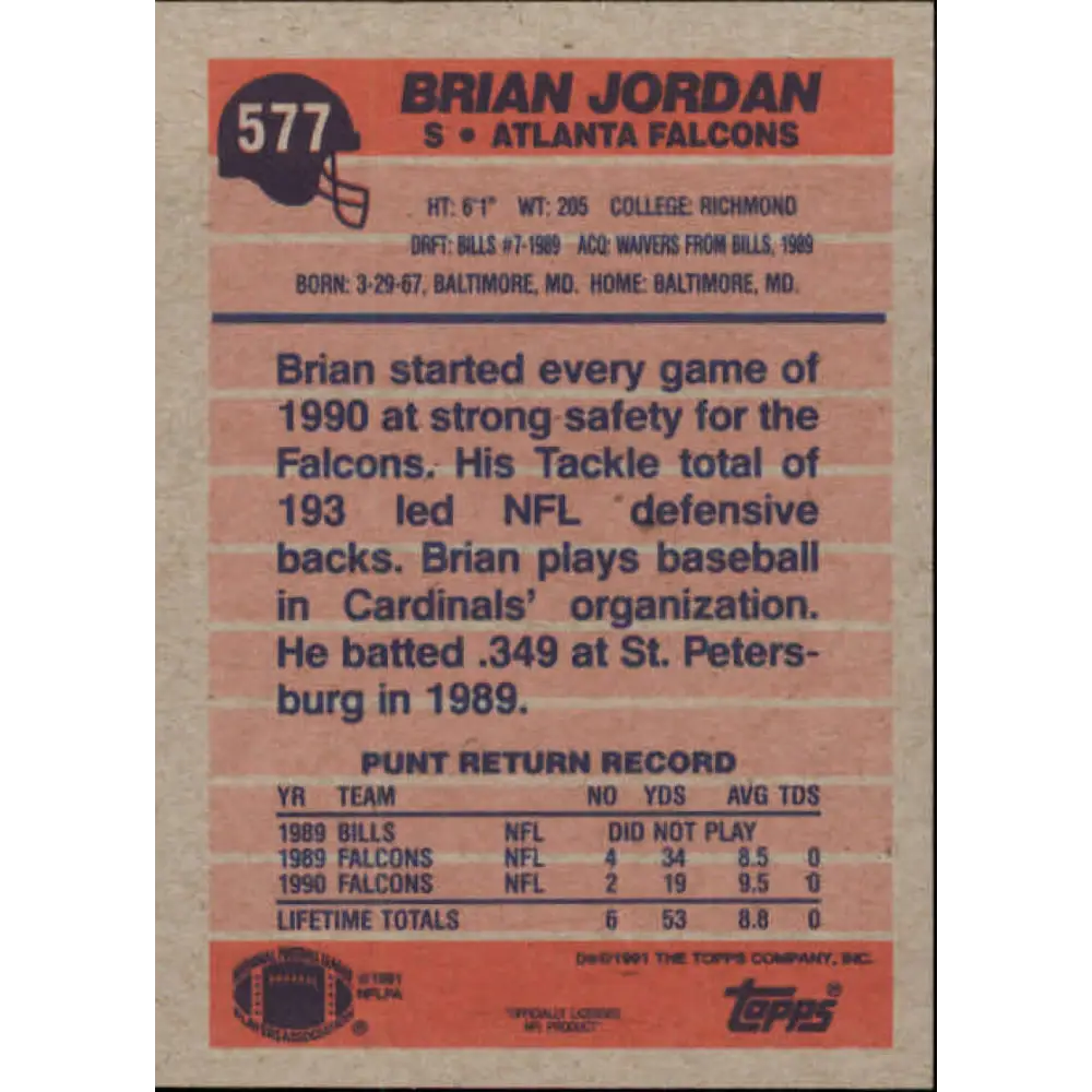 1991 Topps #577 Brian Jordan NM-MT Atlanta Falcons Football Card  Image 2