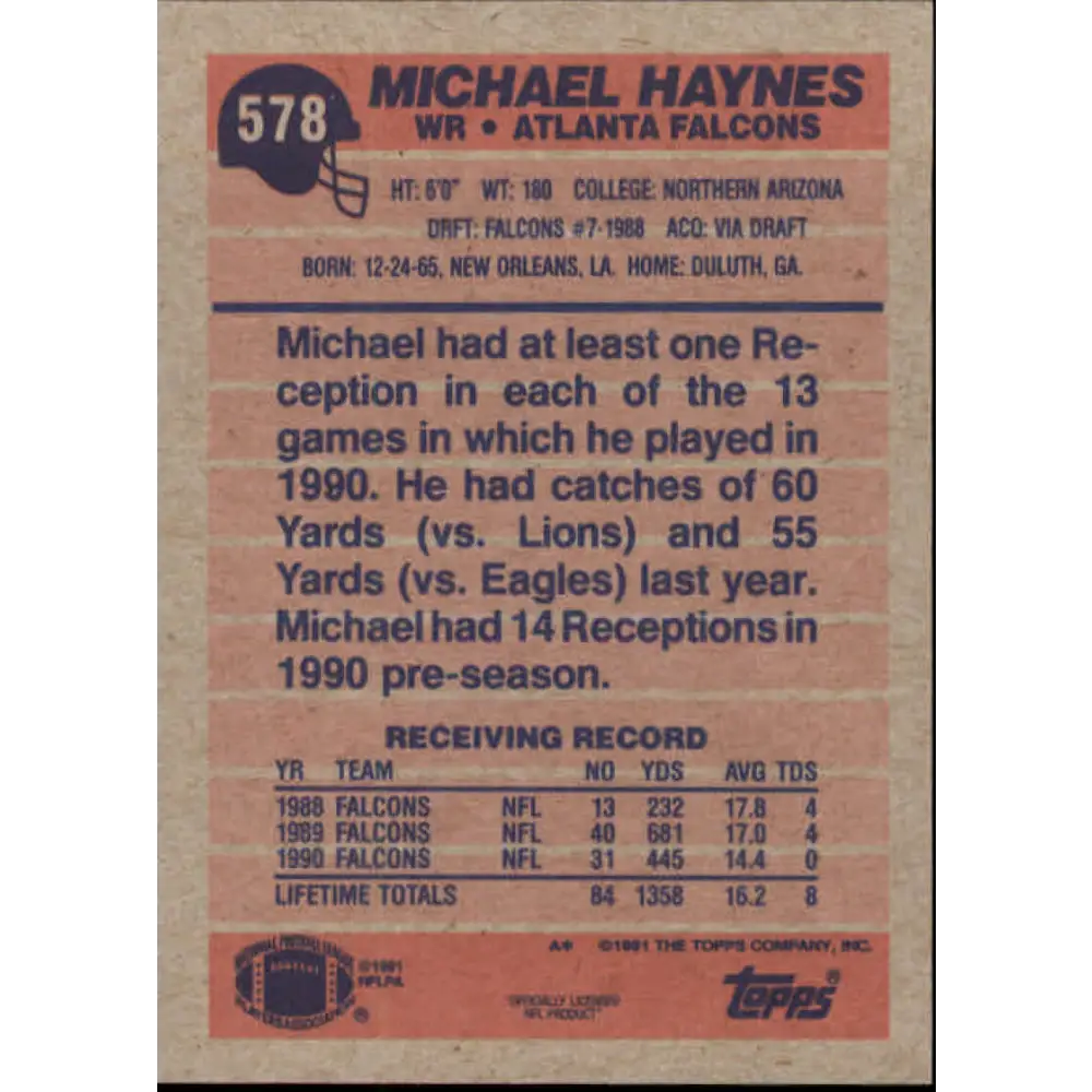 1991 Topps #578 Michael Haynes NM-MT Atlanta Falcons Football Card  Image 2