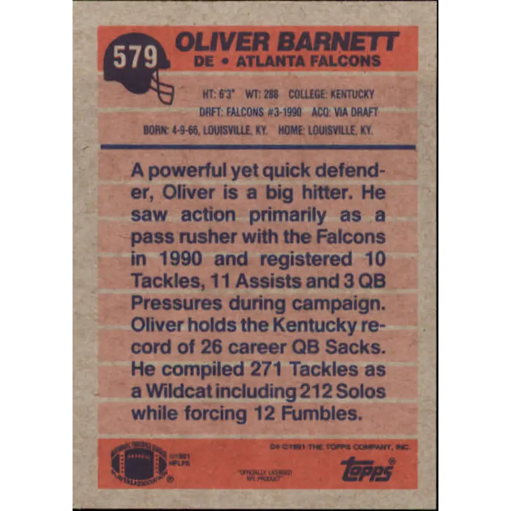 1991 Topps #579 Oliver Barnett NM-MT Atlanta Falcons Football Card  Image 2
