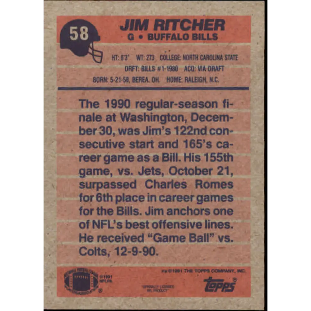 1991 Topps #58 Jim Ritcher NM-MT Buffalo Bills Football Card  Image 2