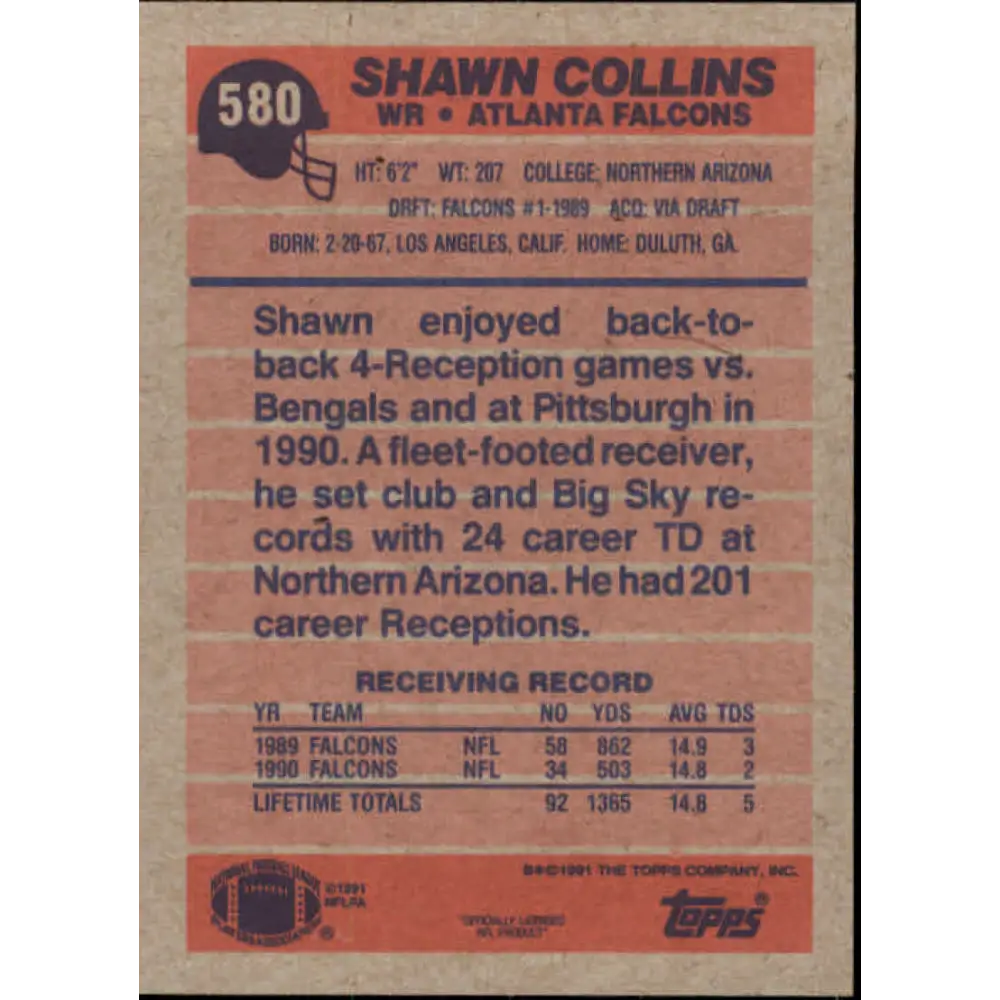 1991 Topps #580 Shawn Collins NM-MT Atlanta Falcons Football Card  Image 2