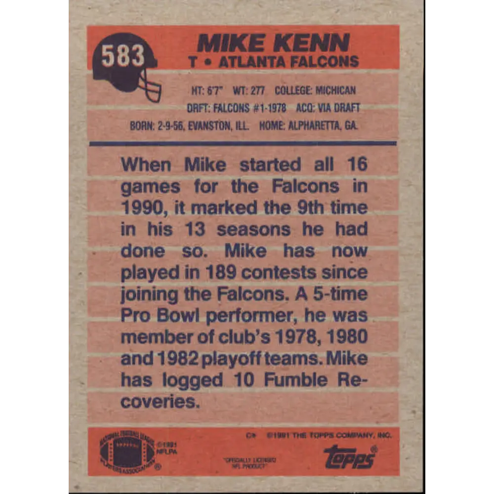 1991 Topps #583 Mike Kenn NM-MT Atlanta Falcons Football Card  Image 2