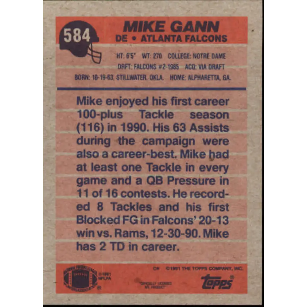 1991 Topps #584 Mike Gann NM-MT Atlanta Falcons Football Card  Image 2