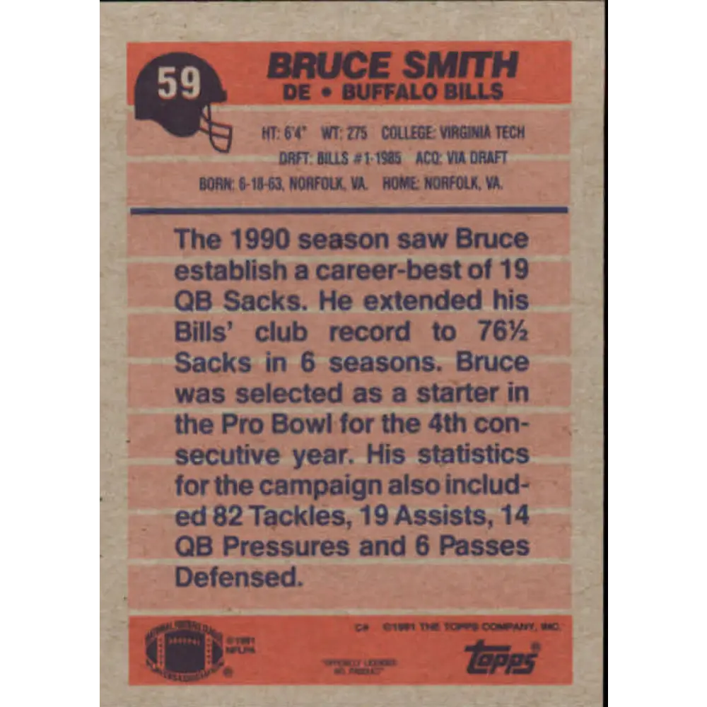 1991 Topps #59 Bruce Smith NM-MT Buffalo Bills Football Card  Image 2