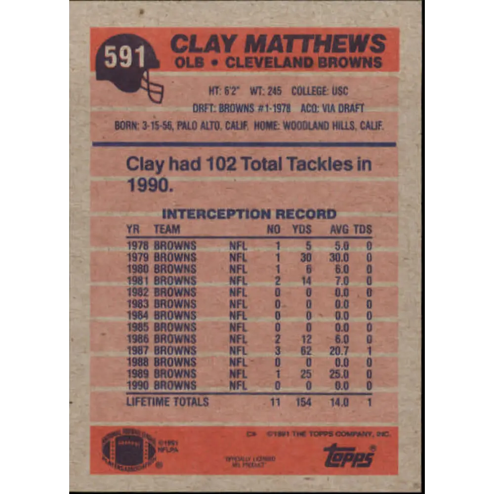 1991 Topps #591 Clay Matthews NM-MT Cleveland Browns Football Card  Image 2