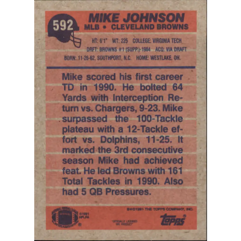 1991 Topps #592 Mike Johnson NM-MT Cleveland Browns Football Card  Image 2
