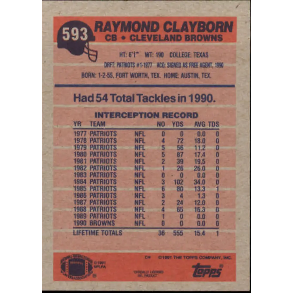 1991 Topps #593 Raymond Clayborn NM-MT Cleveland Browns Football Card  Image 2